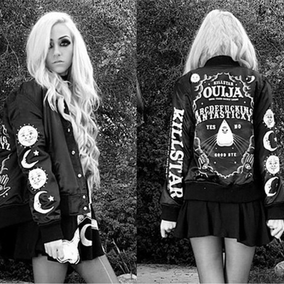 Killstar Jackets & Blazers - RARE! Killstar Satin Black Ouija Varsity Jacket Like New! L